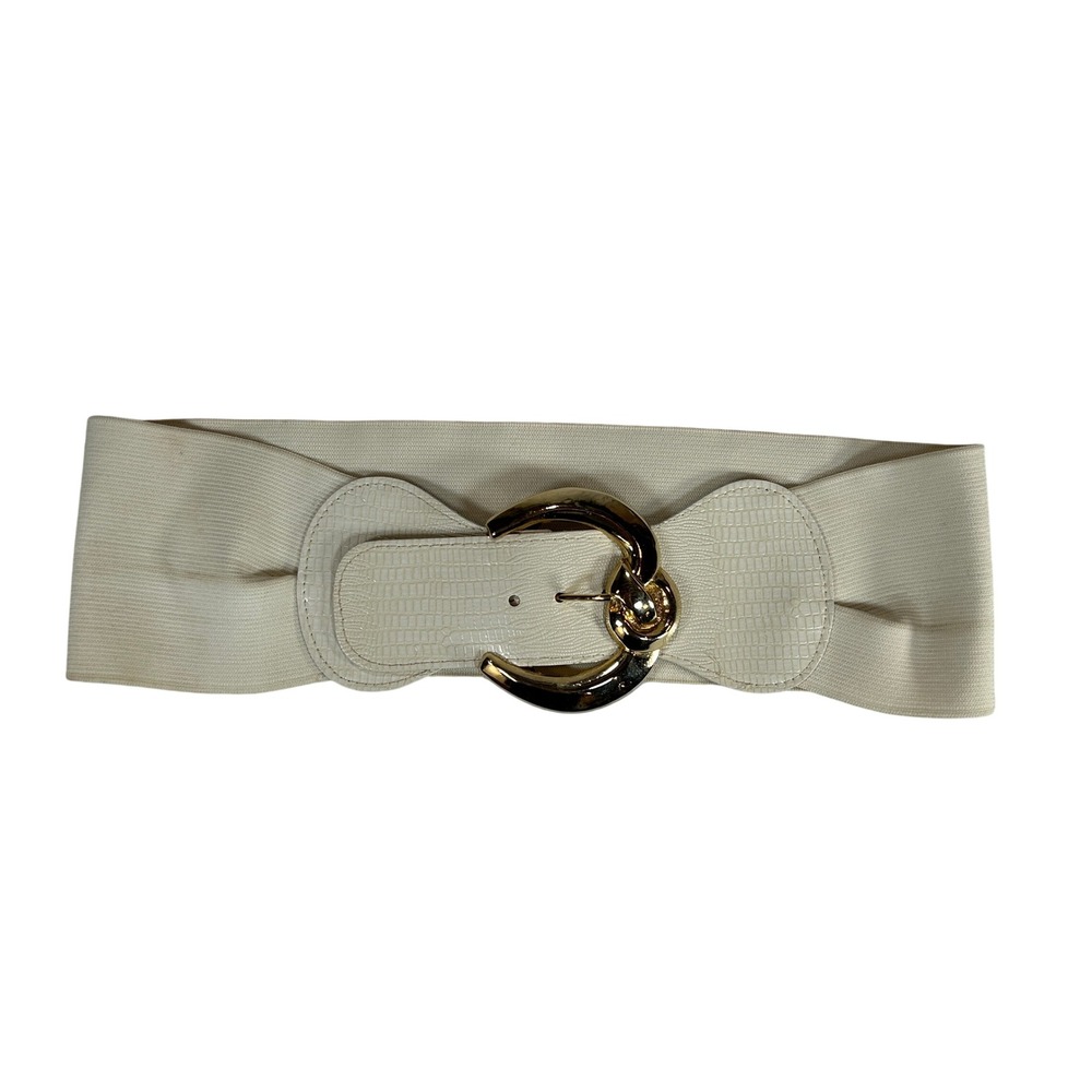 VTG 80s Cream Wide Elastic Cinch Belt Gold Oversized Buckle Faux Croc Trim